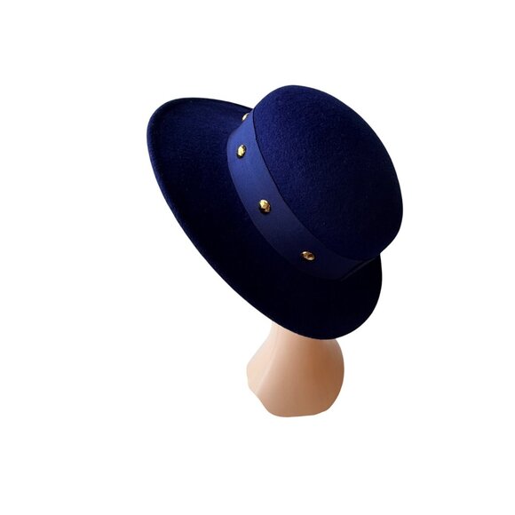 Vintage 1960s Navy Wool Wide Brim Hat with Ribbon & Gold Stud Trim Elegant - Picture 2 of 9